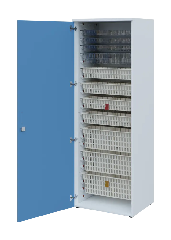 EUROMEDICA D - 66 skříň léková boxová, 1-dveřová, levá, 1950x660x535, korpus bílý, dvířka pastelově modrá